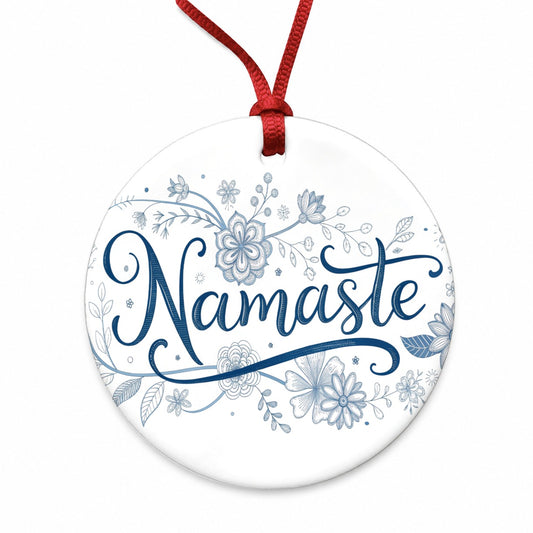 Namaste Blue Floral Round Ceramic Holiday Christmas Tree Ornament