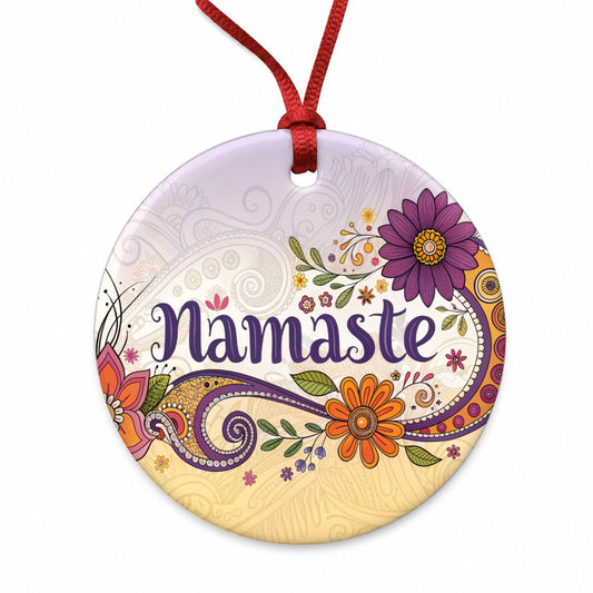 Namaste Flower Fun Retro Round Ceramic Holiday Christmas Tree Ornament