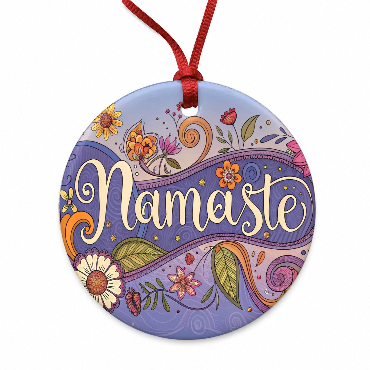 Namaste Hippie Flower Floral Yoga Round Ceramic Holiday Christmas Tree Ornament