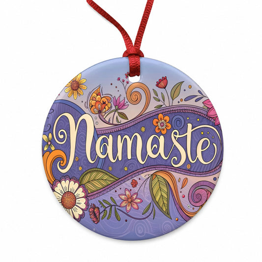 Namaste Hippie Flower Floral Yoga Round Ceramic Holiday Christmas Tree Ornament