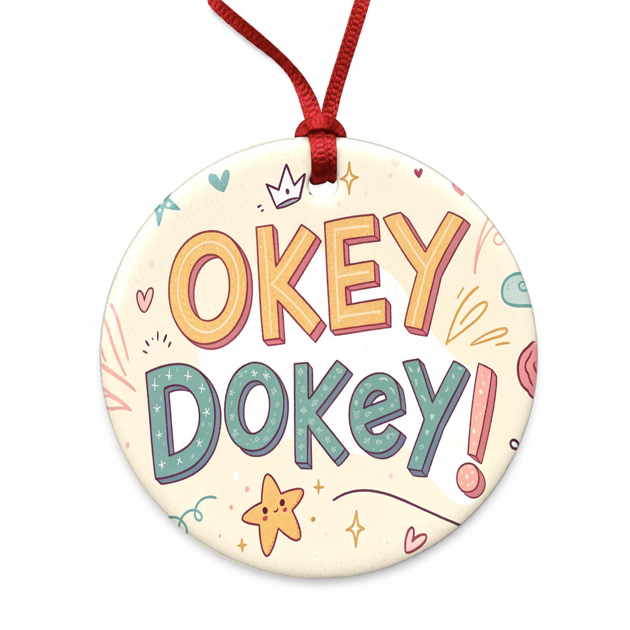 Okey Dokey Cute Round Ceramic Holiday Christmas Tree Ornament