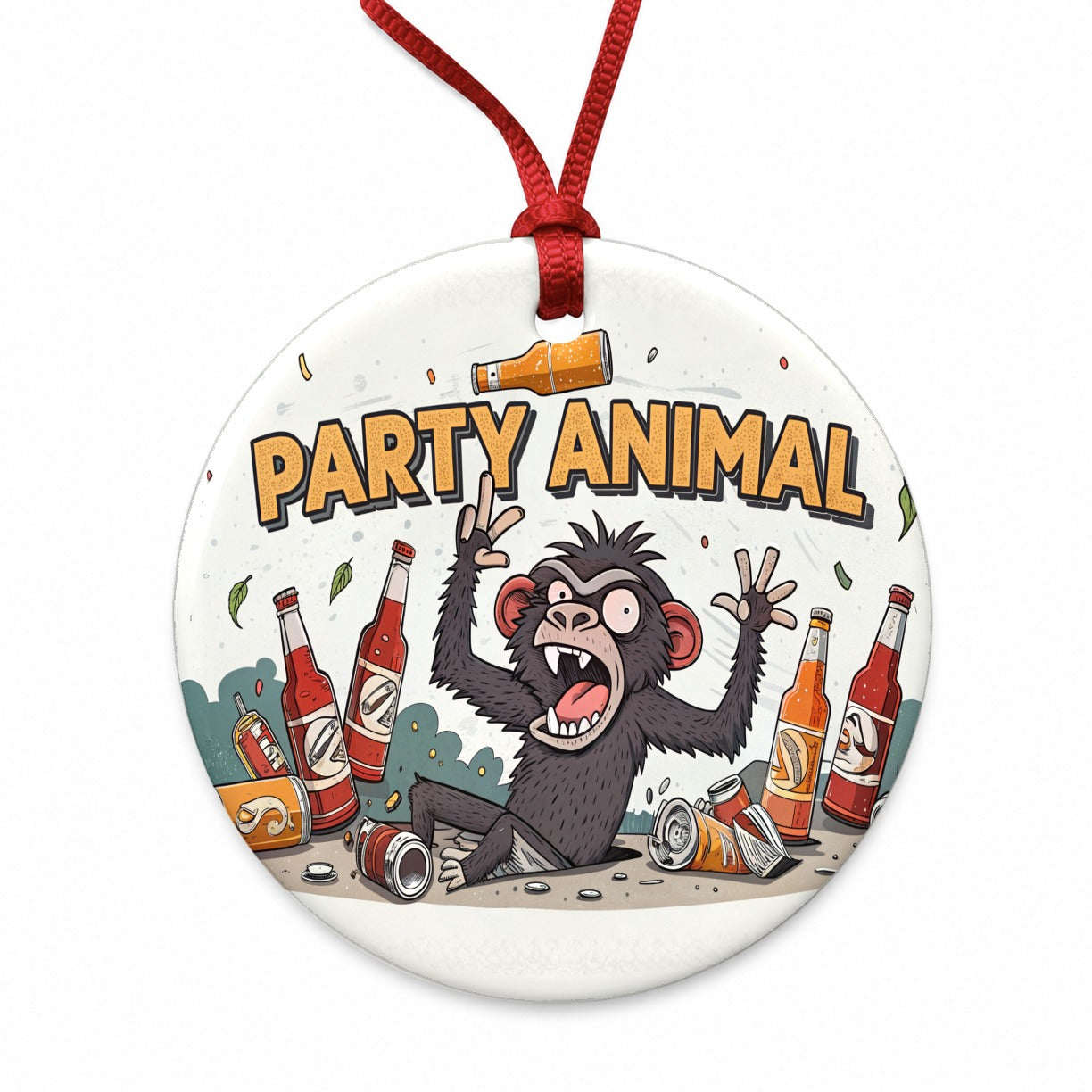 Party Animal Crazy Monkey Round Ceramic Holiday Christmas Tree Ornament
