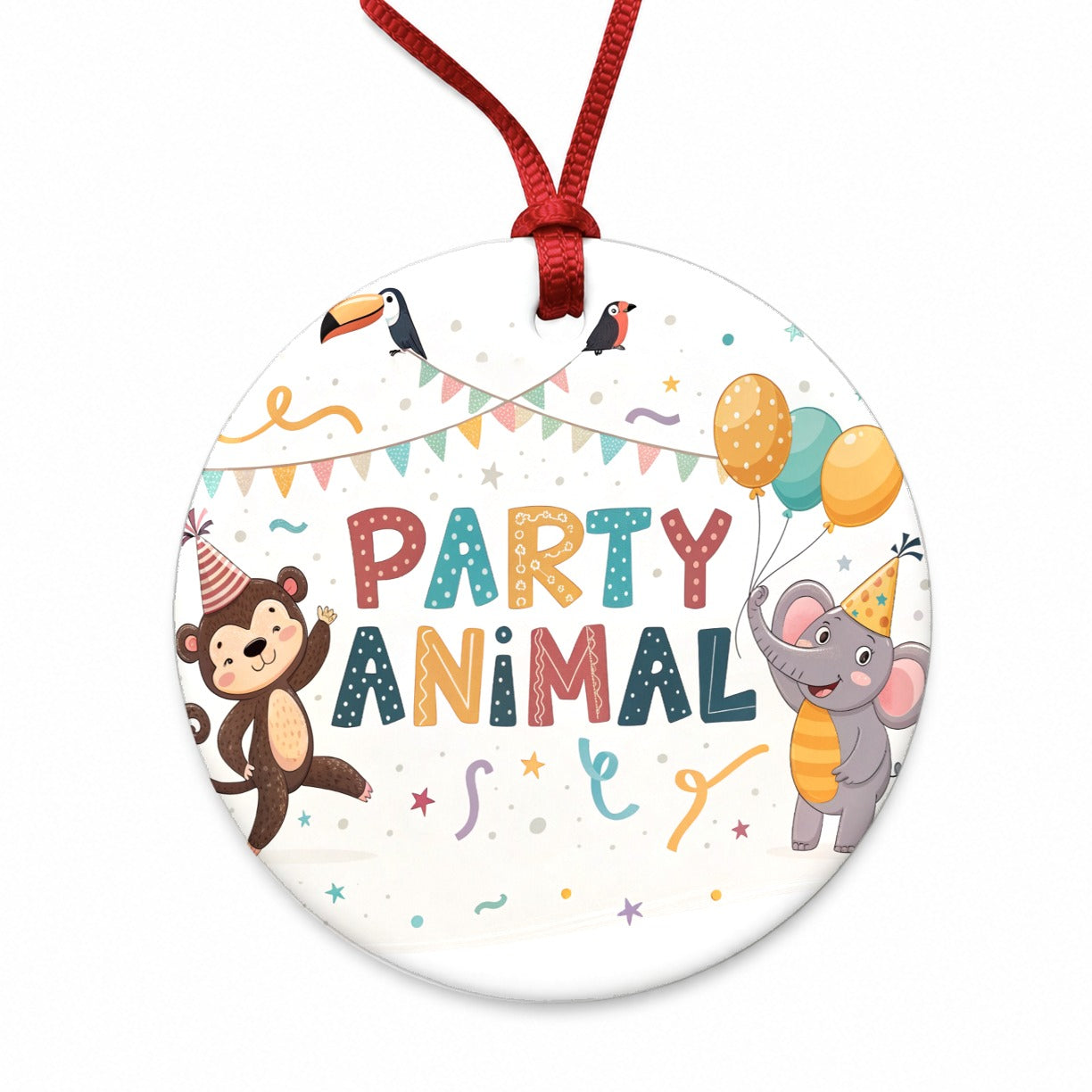 Party Animal Cute Funny Monkey Elephant Round Ceramic Holiday Christmas Tree Ornament