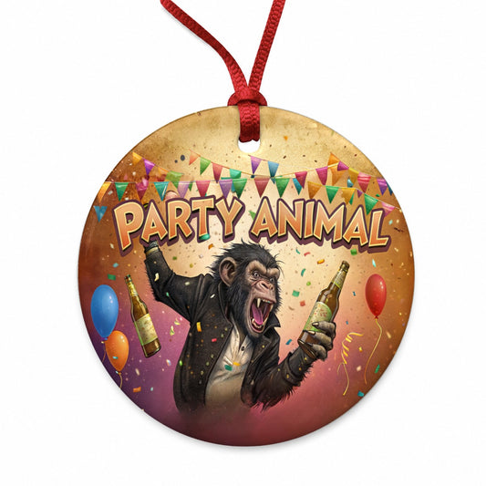Party Animal Wild Drinking Monkey Round Ceramic Holiday Christmas Tree Ornament