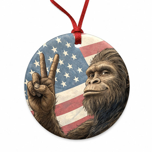 Patriotic Bigfoot Giving The Peace Sign Round Ceramic Holiday Christmas Tree Ornament