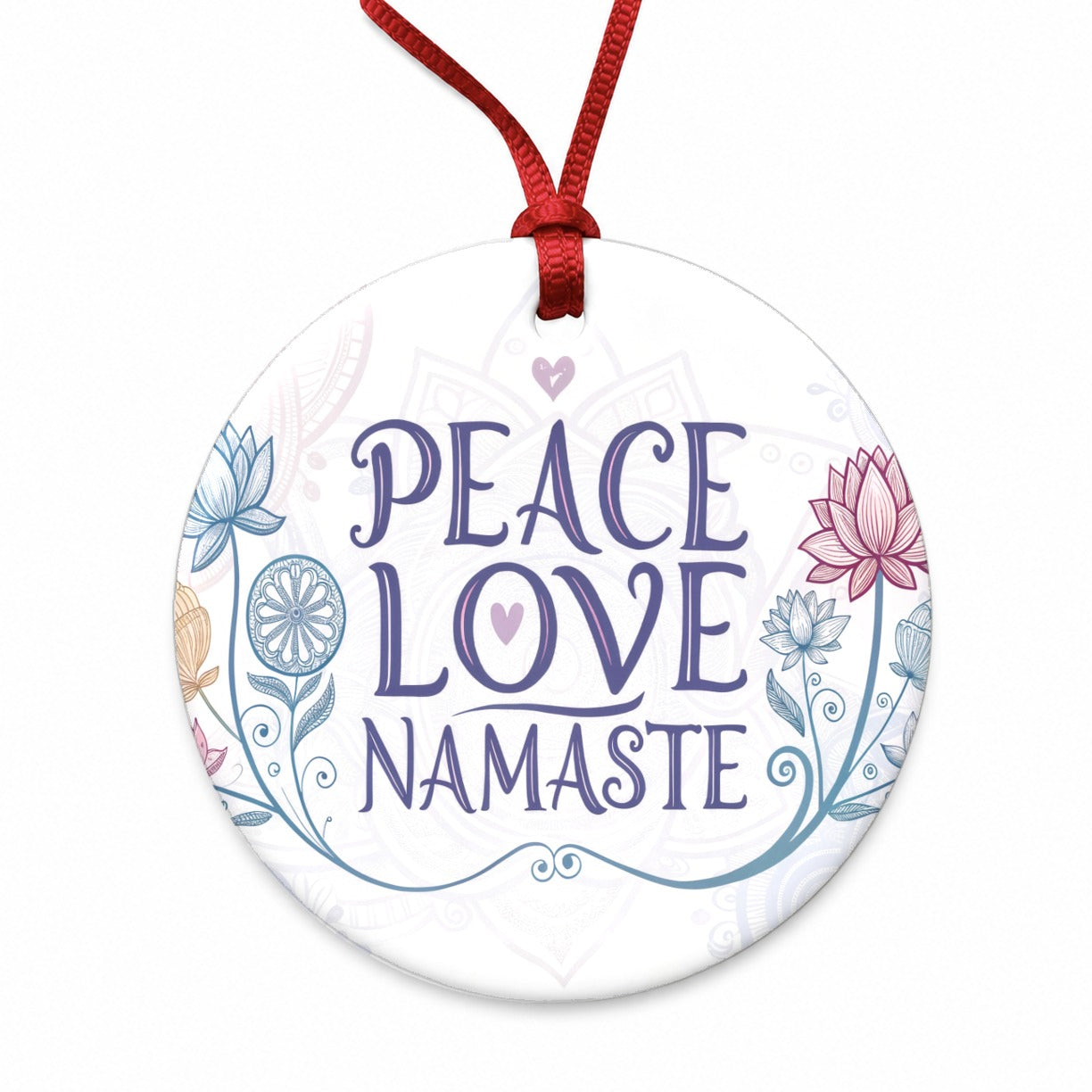 Peace Love Namaste Floral Round Ceramic Holiday Christmas Tree Ornament