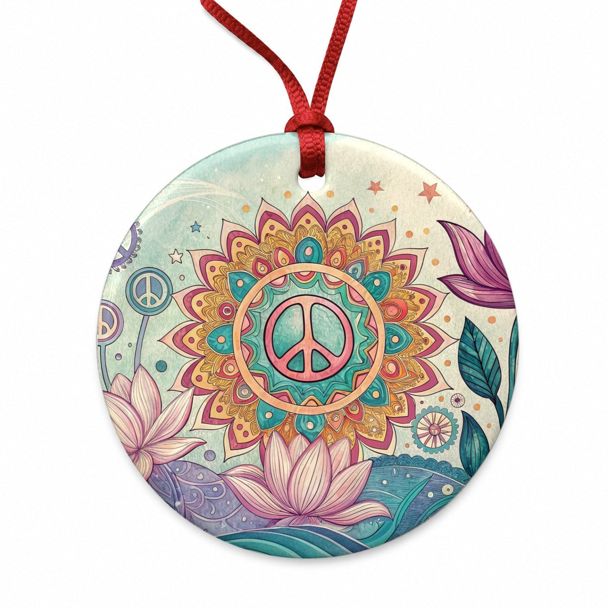 Peace Sign Symbols Mandala Flower Round Ceramic Holiday Christmas Tree Ornament