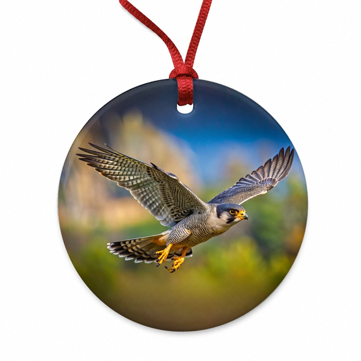 Peregrine Falcon Raptor in Flight Round Ceramic Holiday Christmas Tree Ornament