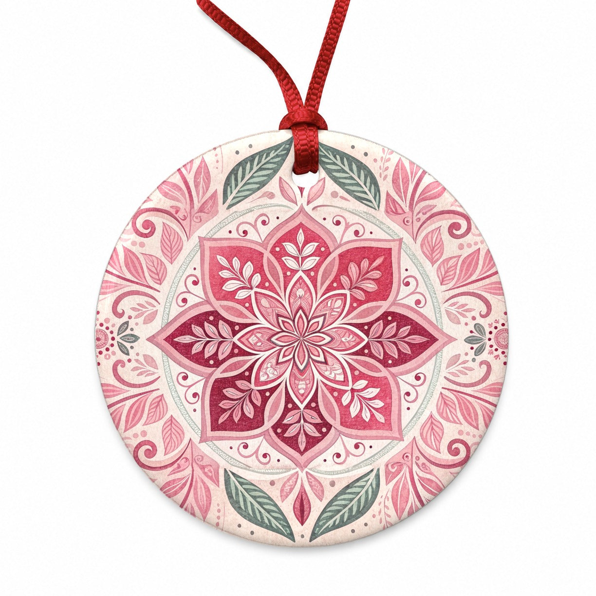 Pink Symmetrical Artistic Floral Pattern Round Ceramic Holiday Christmas Tree Ornament