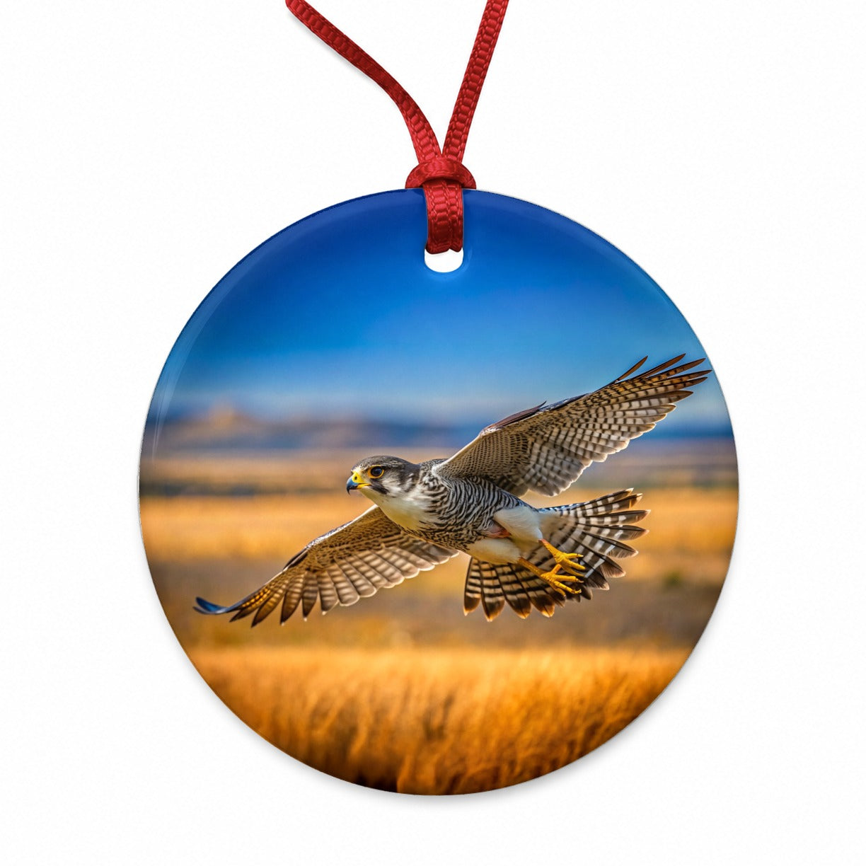 Prairie Falcon Raptor in Flight Round Ceramic Holiday Christmas Tree Ornament