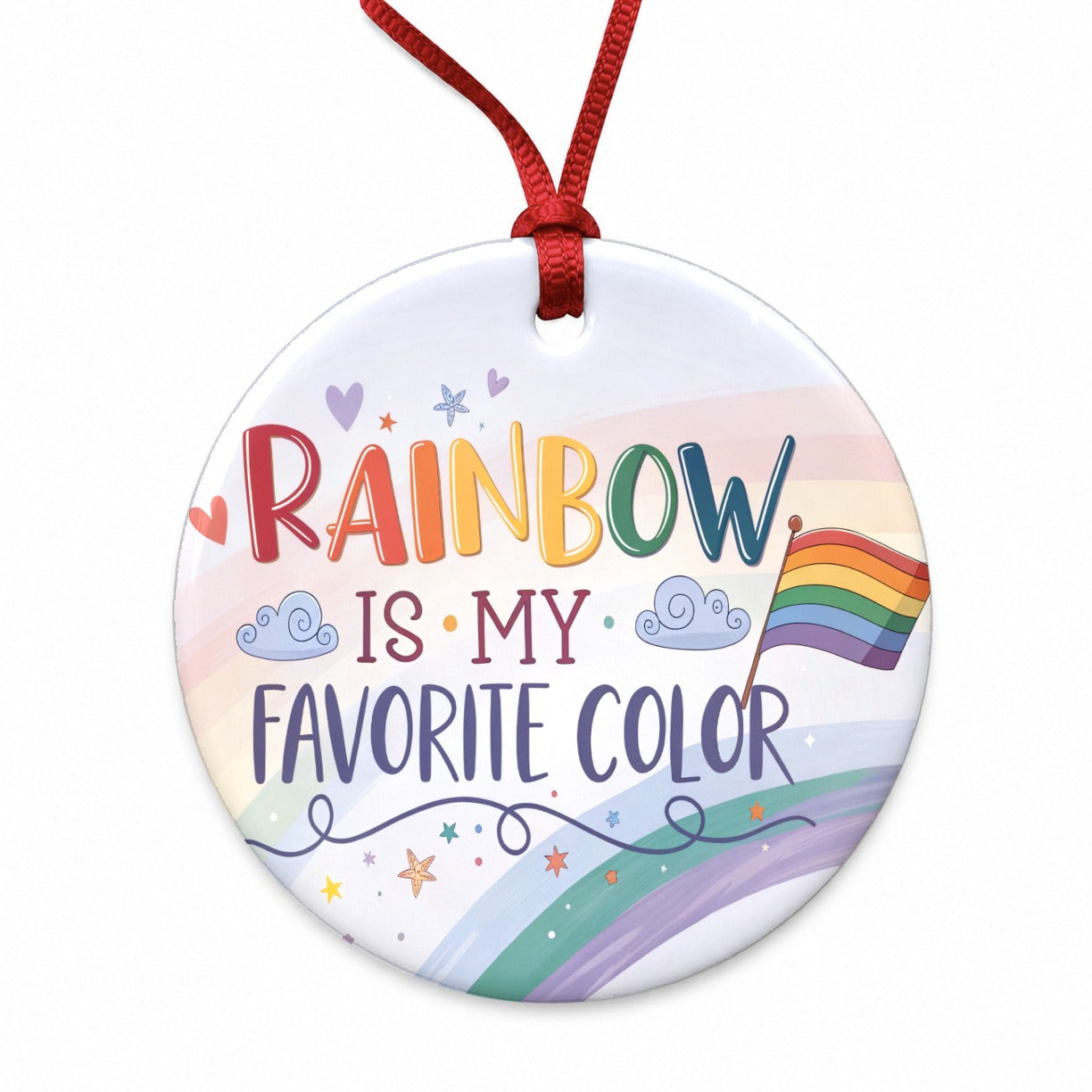 Rainbow Is My Favorite Color Gay Pride Flag Round Ceramic Holiday Christmas Tree Ornament