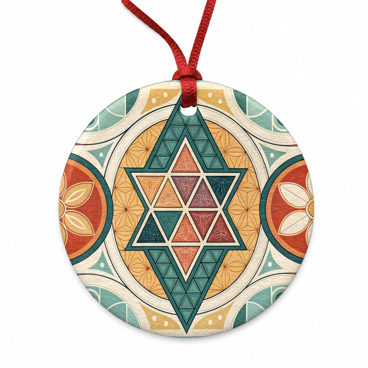Retro Vintage Geometric Pattern Round Ceramic Holiday Christmas Tree Ornament