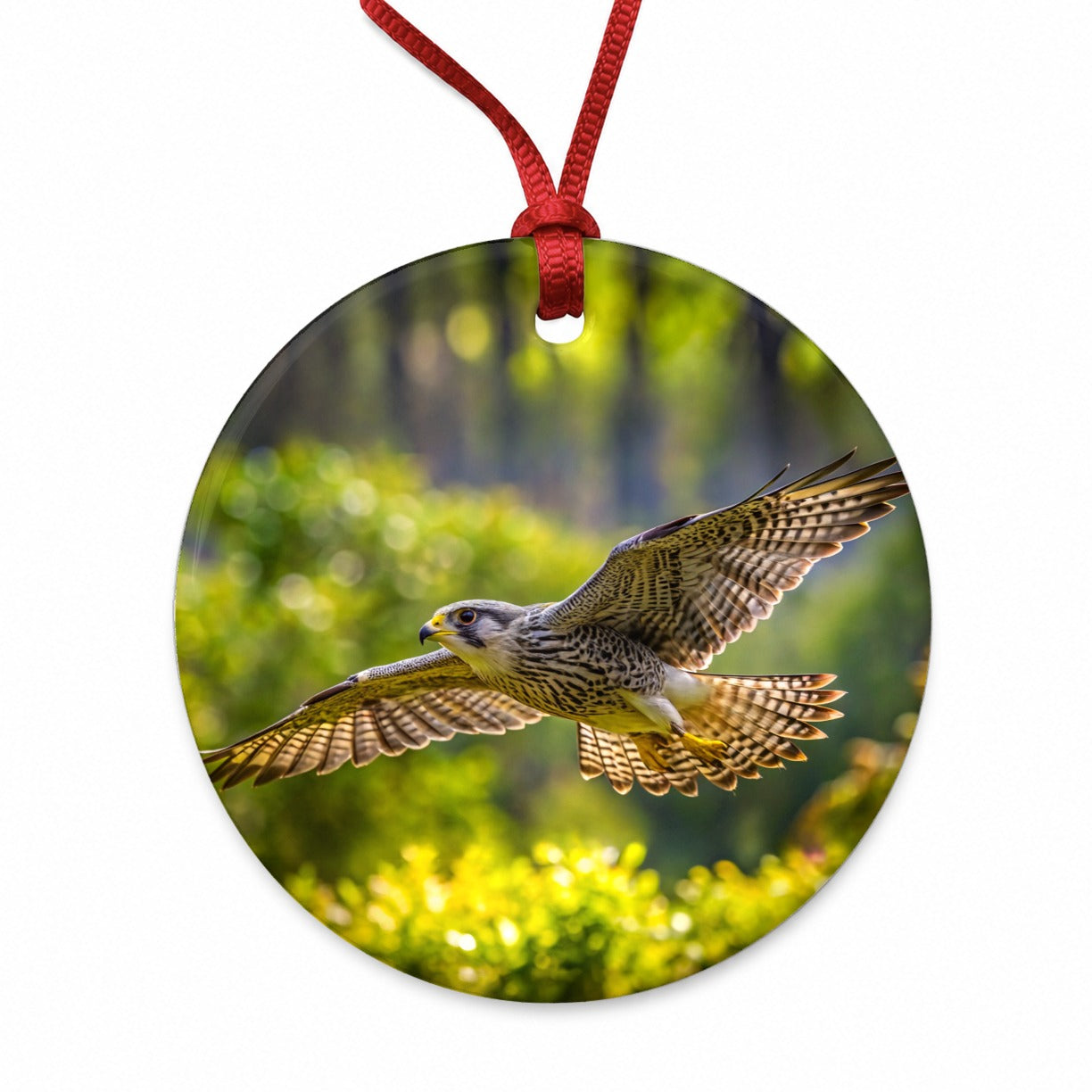 Saker Falcon Raptor in Flight Round Ceramic Holiday Christmas Tree Ornament