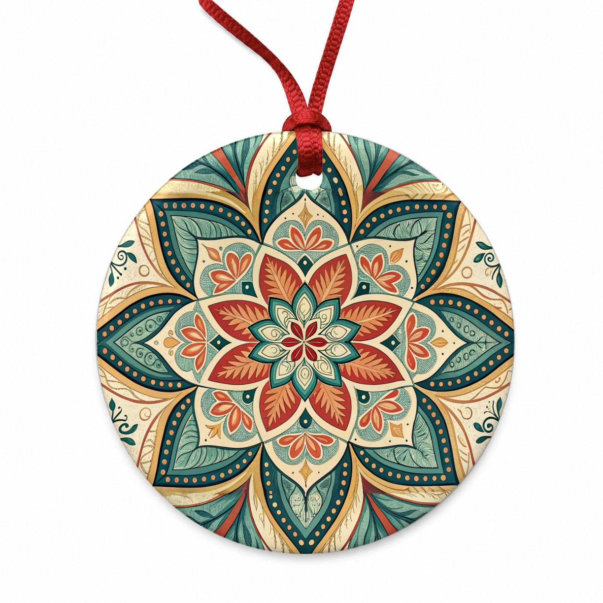 Symmetrical Artistic Flower Floral Pattern Round Ceramic Holiday Christmas Tree Ornament