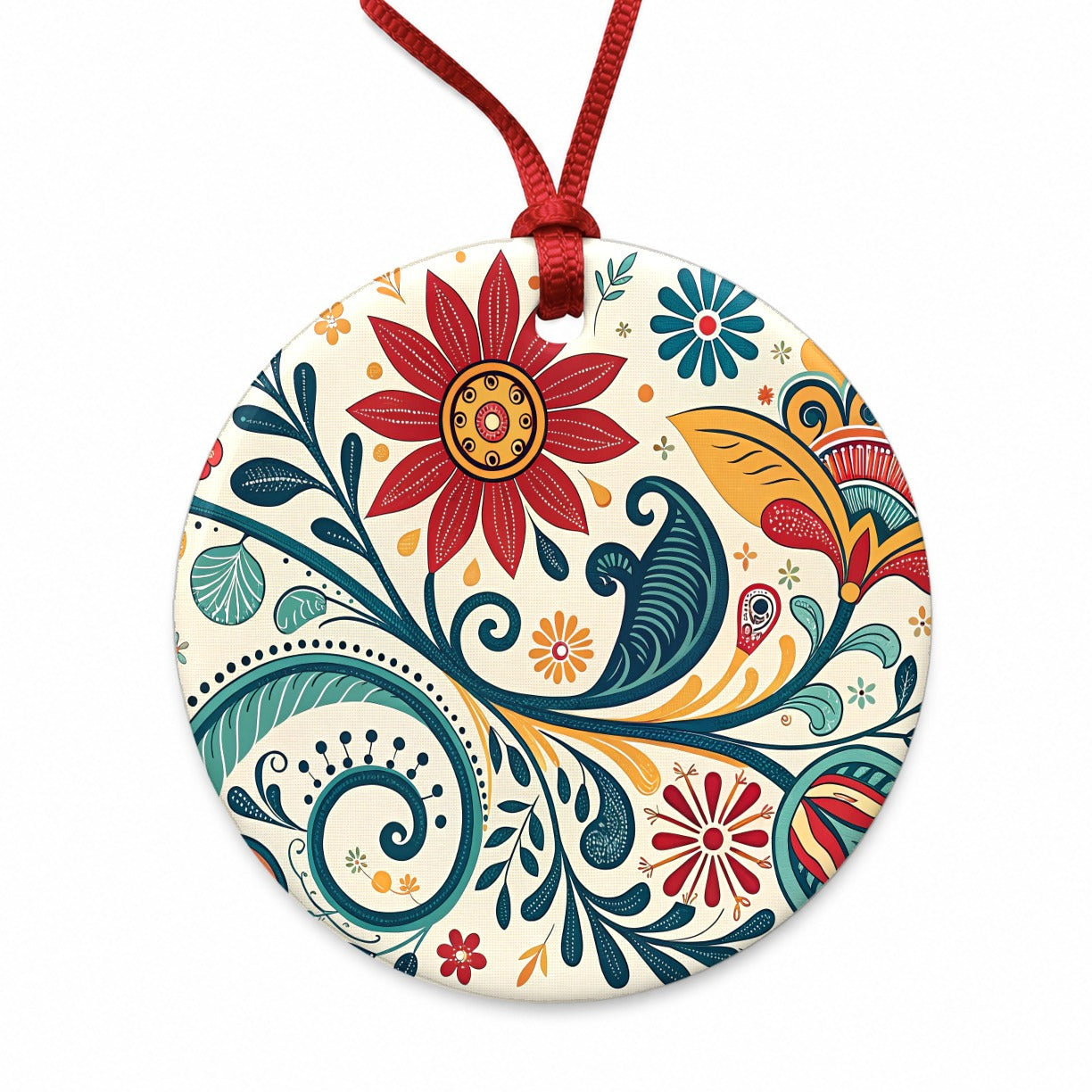 Traditional Folk Art Floral Pattern Round Ceramic Holiday Christmas Tree Ornament