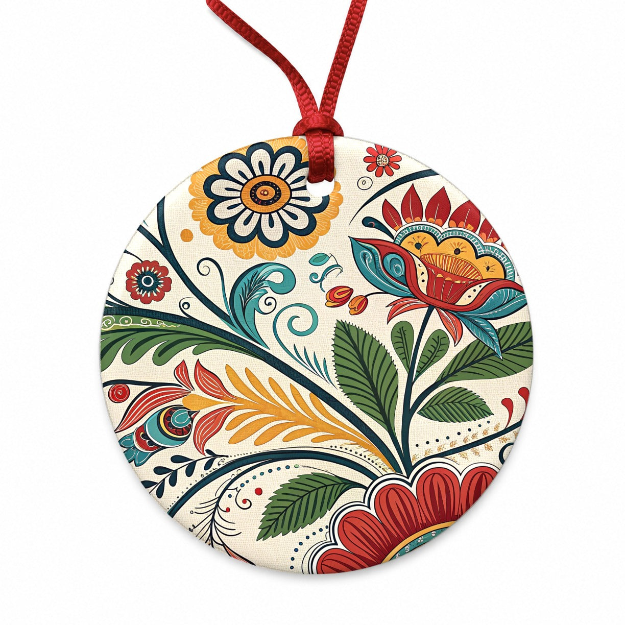 Traditional Folk Art Flowers Leaves Pattern Round Ceramic Holiday Christmas Tree Ornament