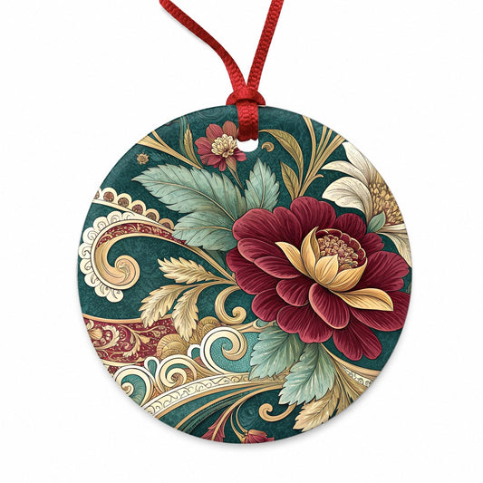 Victorian Decorative Floral Pattern Round Ceramic Holiday Christmas Tree Ornament