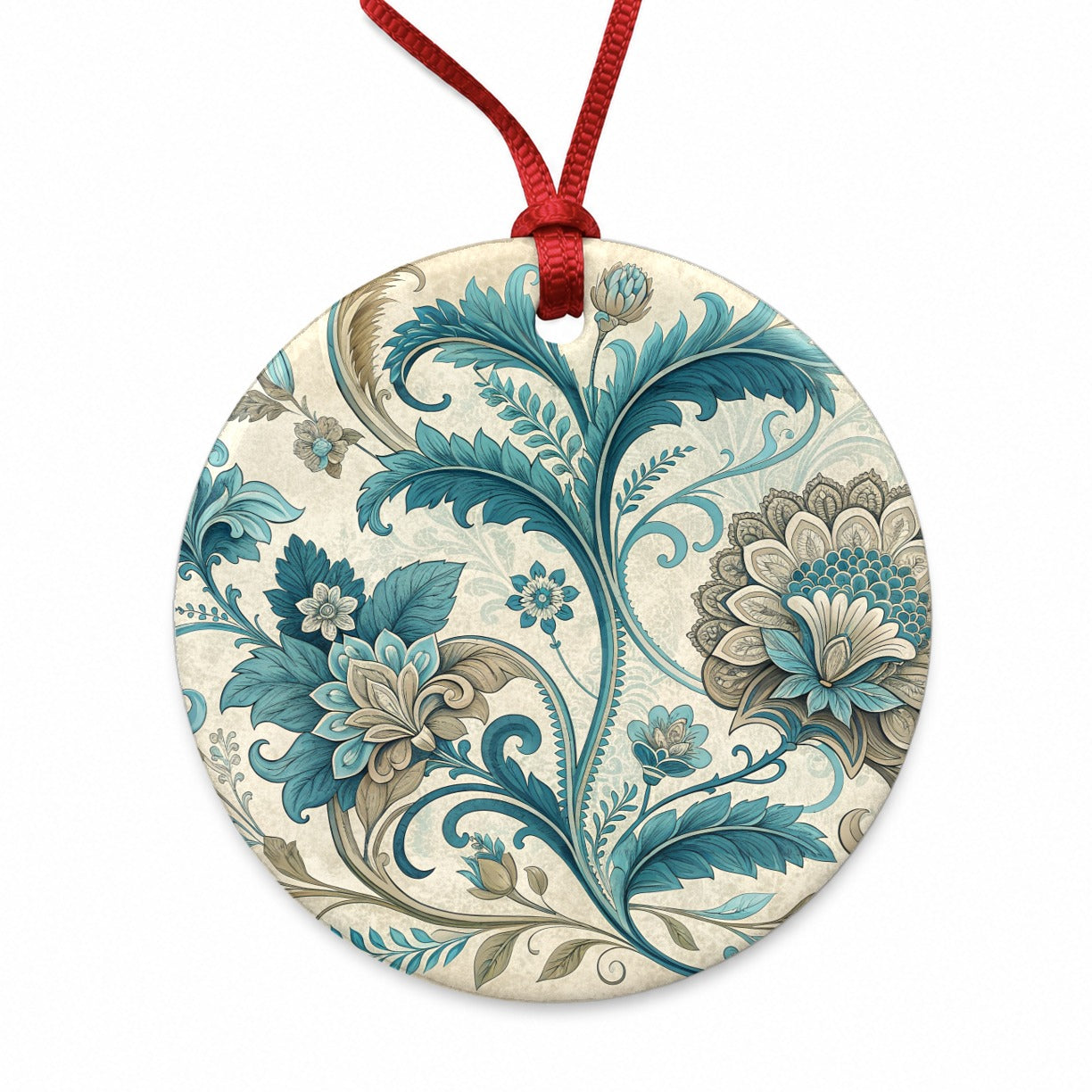 Victorian Decorative Flowers Leaves Pattern Round Ceramic Holiday Christmas Tree Ornament