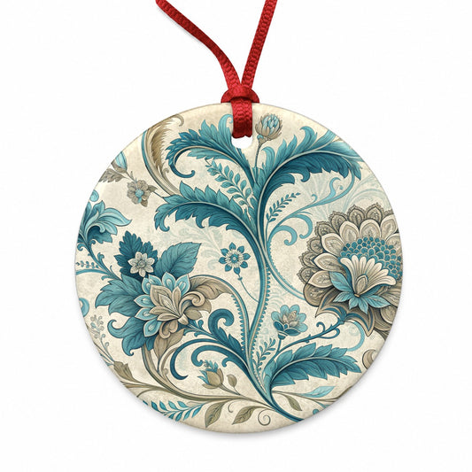 Victorian Decorative Flowers Leaves Pattern Round Ceramic Holiday Christmas Tree Ornament