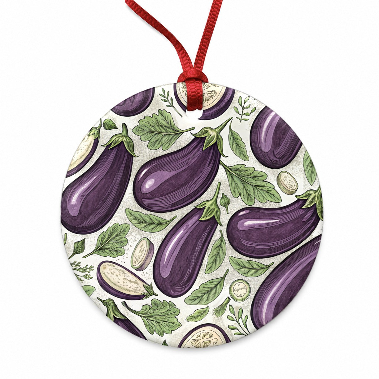 Whole Eggplants Pattern Round Ceramic Holiday Christmas Tree Ornament
