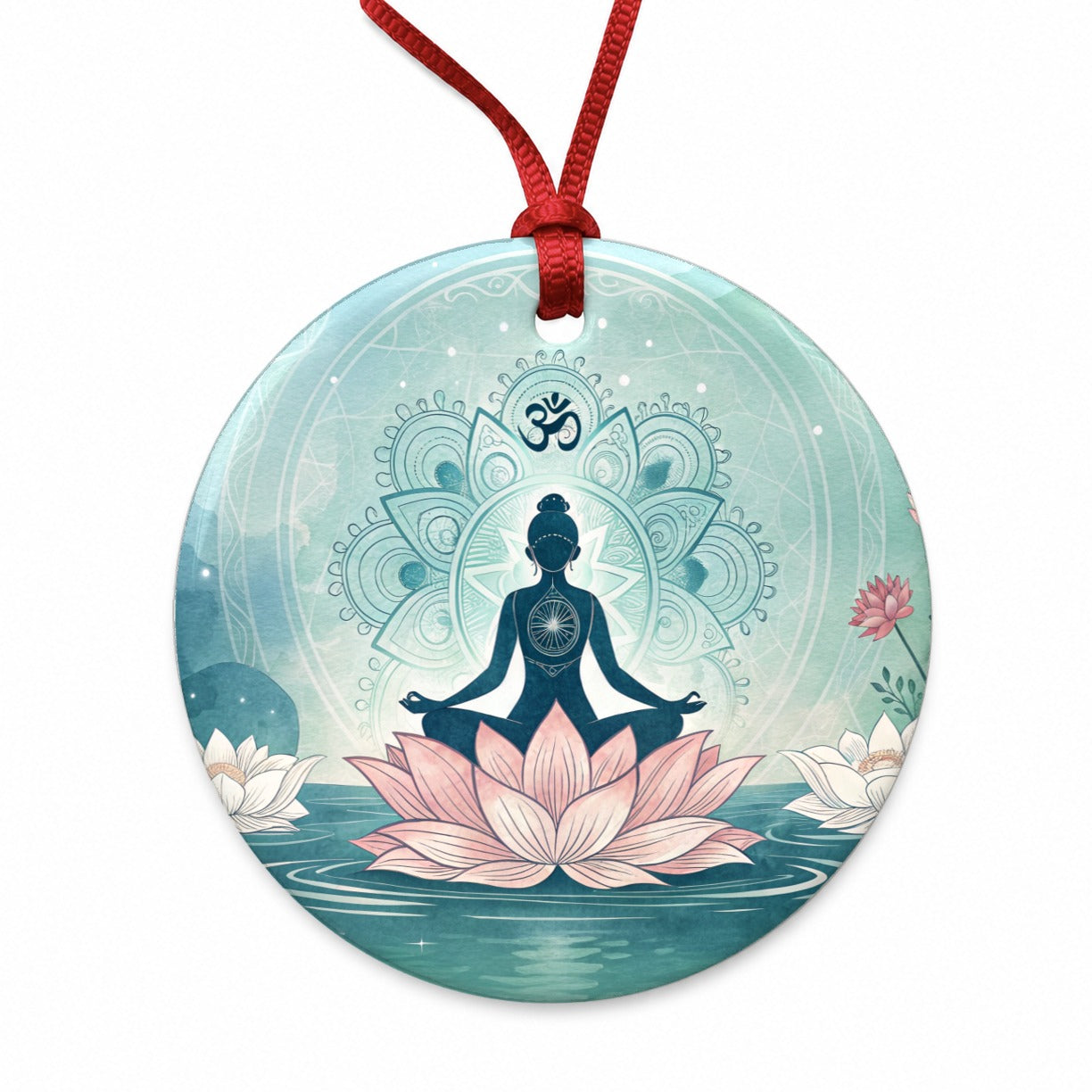 Yoga Meditation Lotus Flower Om Aum Round Ceramic Holiday Christmas Tree Ornament