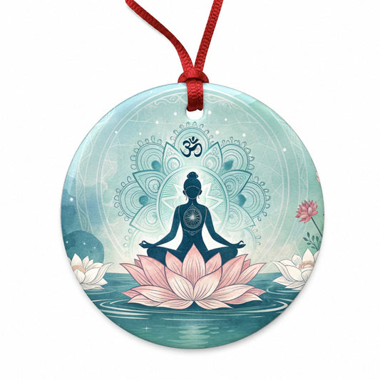 Yoga Meditation Lotus Flower Om Aum Round Ceramic Holiday Christmas Tree Ornament