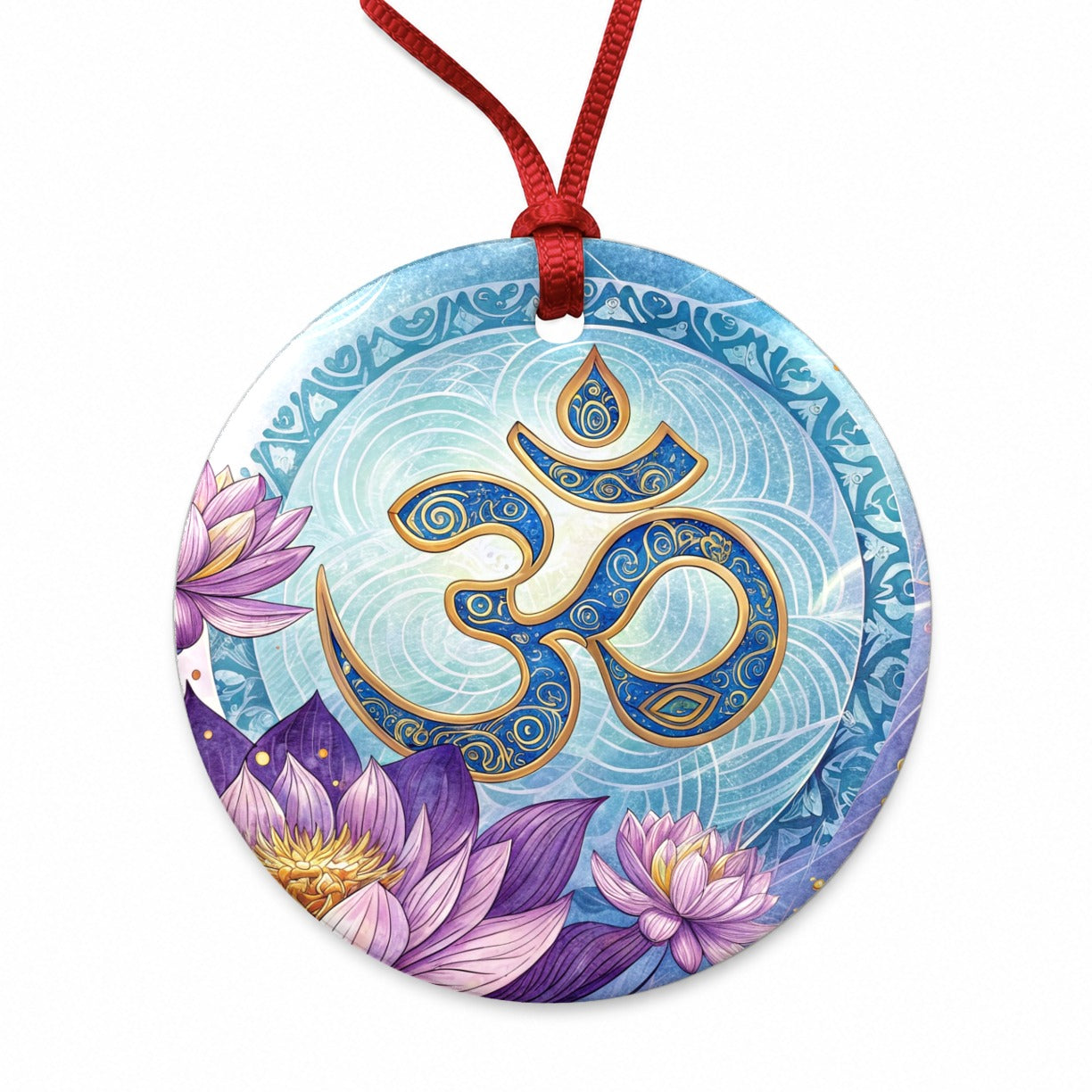 Yoga Om Aum Lotus Flower Round Ceramic Holiday Christmas Tree Ornament