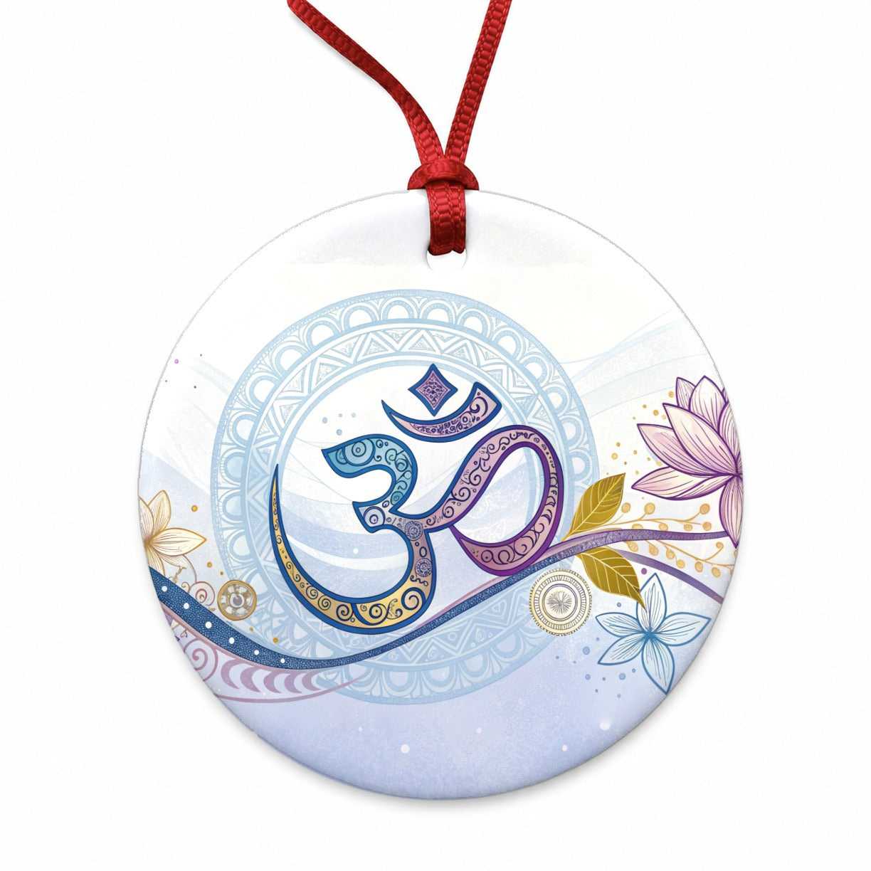 Yoga Om Aum Symbol Lotus Floral Round Ceramic Holiday Christmas Tree Ornament