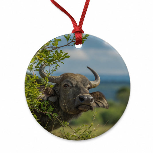African Buffalo Safari Wildlife Round Ceramic Holiday Christmas Tree Ornament