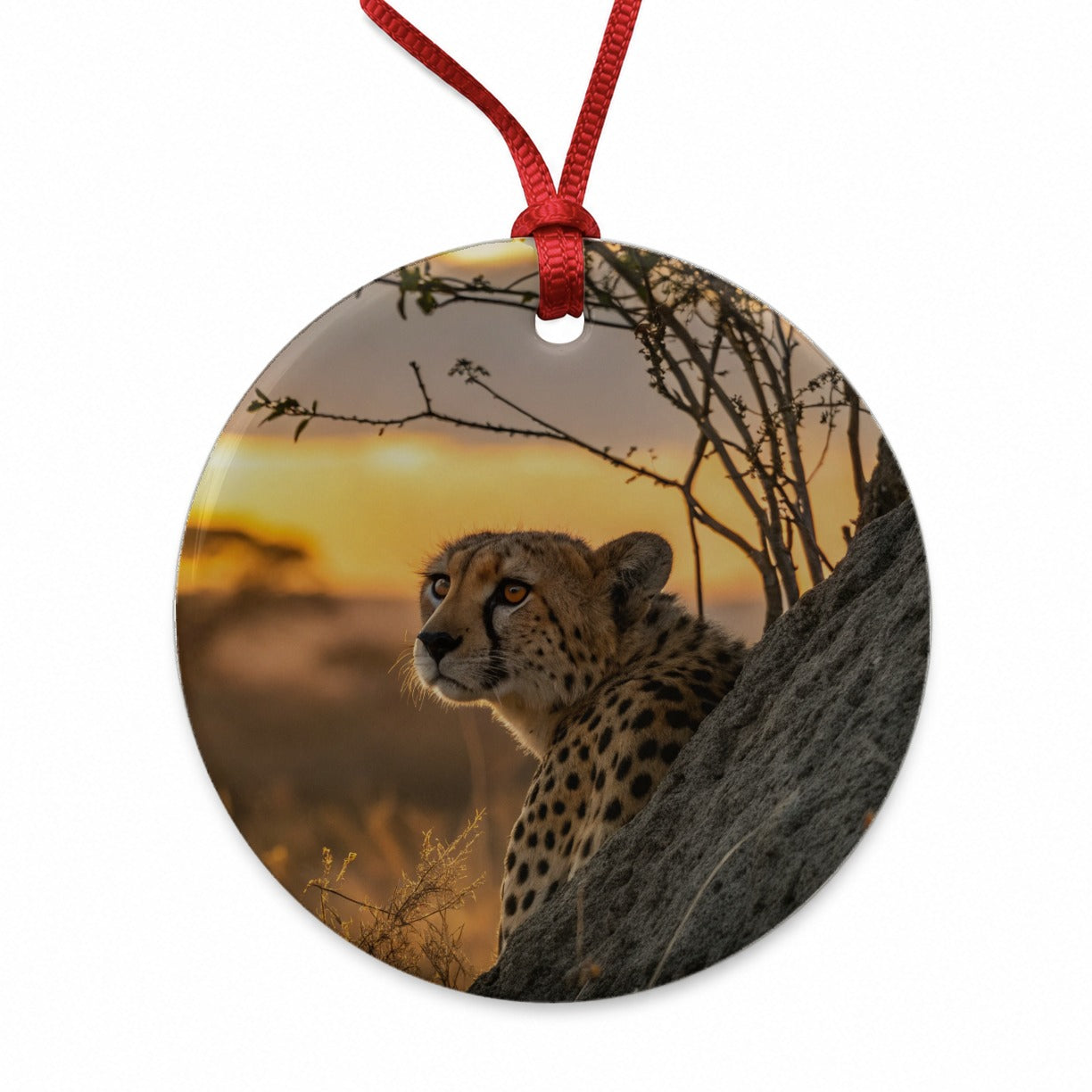 African Cheetah Safari Sunset Round Ceramic Holiday Christmas Tree Ornament