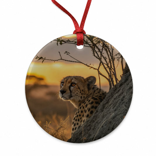 African Cheetah Safari Sunset Round Ceramic Holiday Christmas Tree Ornament