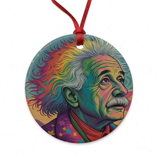 Albert Einstein Rainbow Energy Round Ceramic Holiday Christmas Tree Ornament
