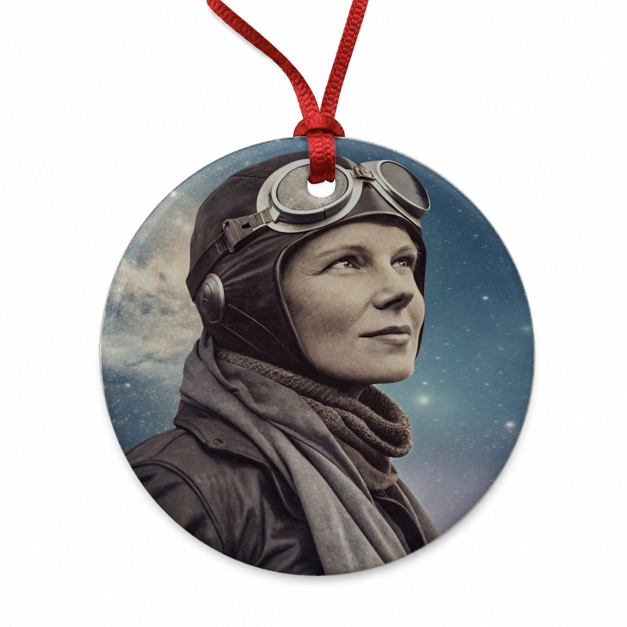 Amelia Earhart Aviation Round Ceramic Holiday Christmas Tree Ornament