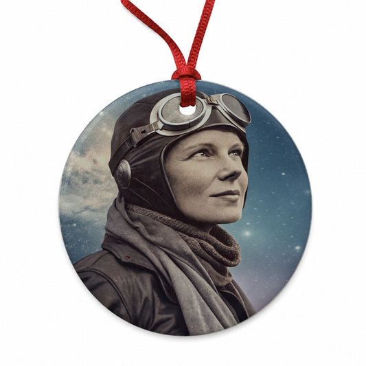 Amelia Earhart Aviation Round Ceramic Holiday Christmas Tree Ornament