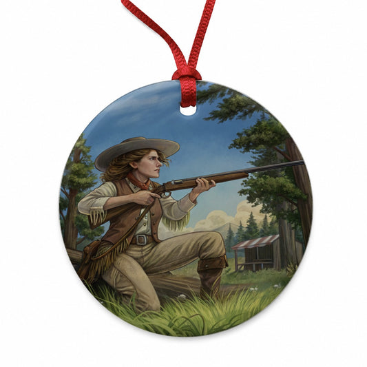 Annie Oakley Cowgirl Round Ceramic Holiday Christmas Tree Ornament