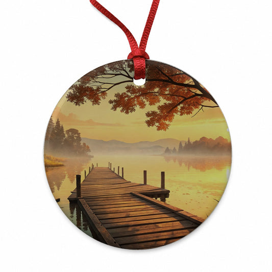 Autumn Lake Dock Sunset Round Ceramic Holiday Christmas Tree Ornament