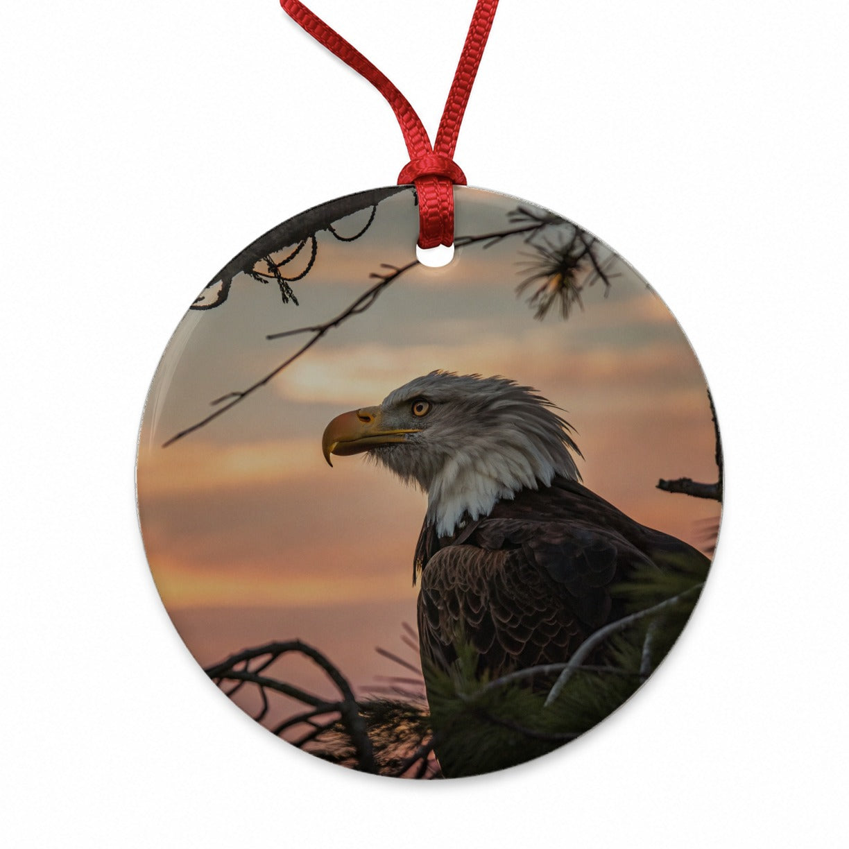 Bald Eagle At Sunset Round Ceramic Holiday Christmas Tree Ornament