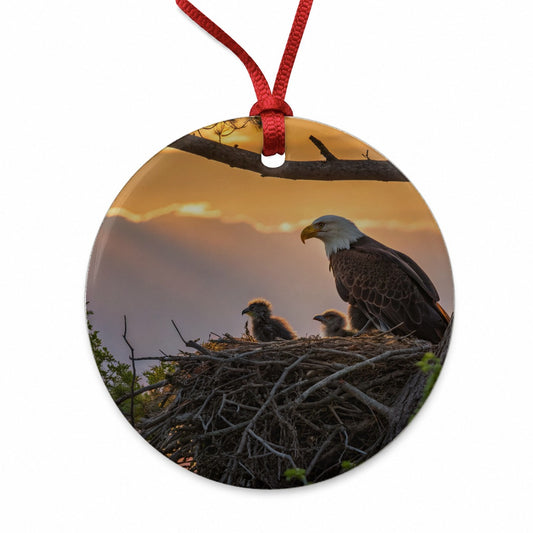 Bald Eagle Babies In Nest Sunset Round Ceramic Holiday Christmas Tree Ornament