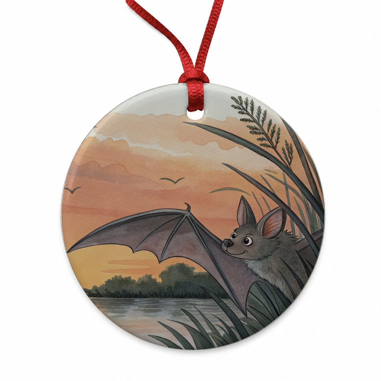 Bat Sunset Nature Scene Round Ceramic Holiday Christmas Tree Ornament