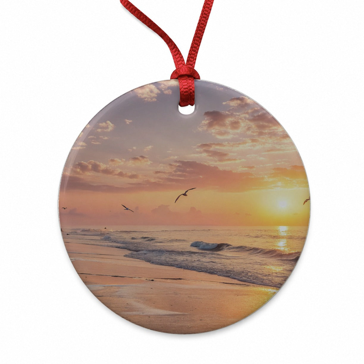 Beach Sunrise Ocean Round Ceramic Holiday Christmas Tree Ornament