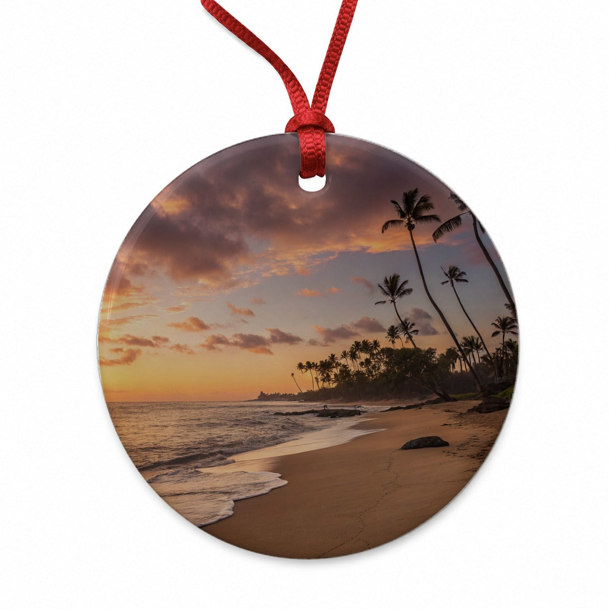 Beach Sunrise Sunset Ocean Tropical Round Ceramic Holiday Christmas Tree Ornament
