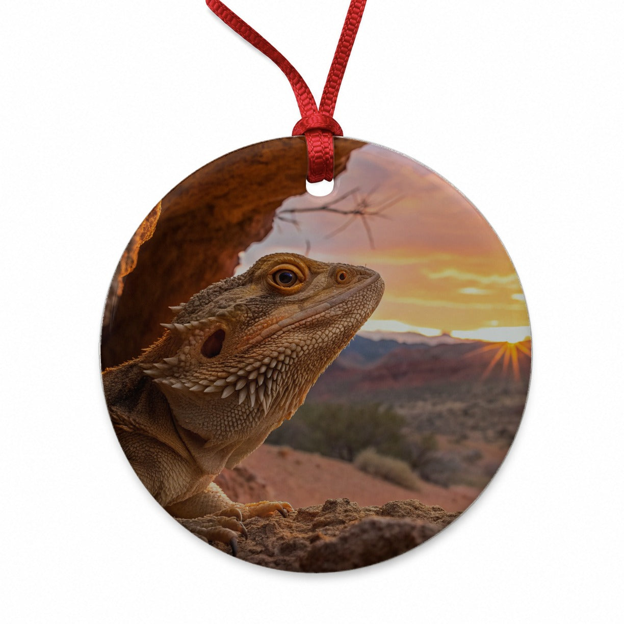 Bearded Dragon At Sunset Round Ceramic Holiday Christmas Tree Ornament