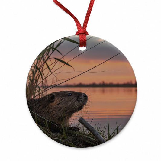 Beaver Pond At Sunset Round Ceramic Holiday Christmas Tree Ornament