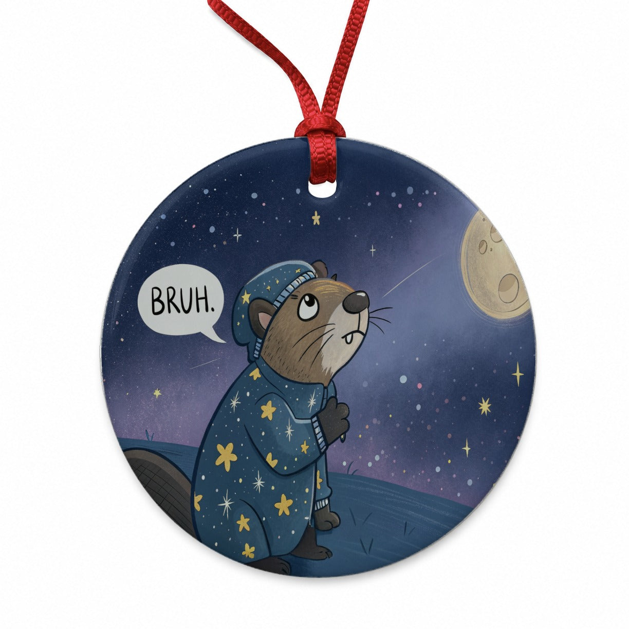 Beaver Saying Bruh Funny Pajamas Round Ceramic Holiday Christmas Tree Ornament