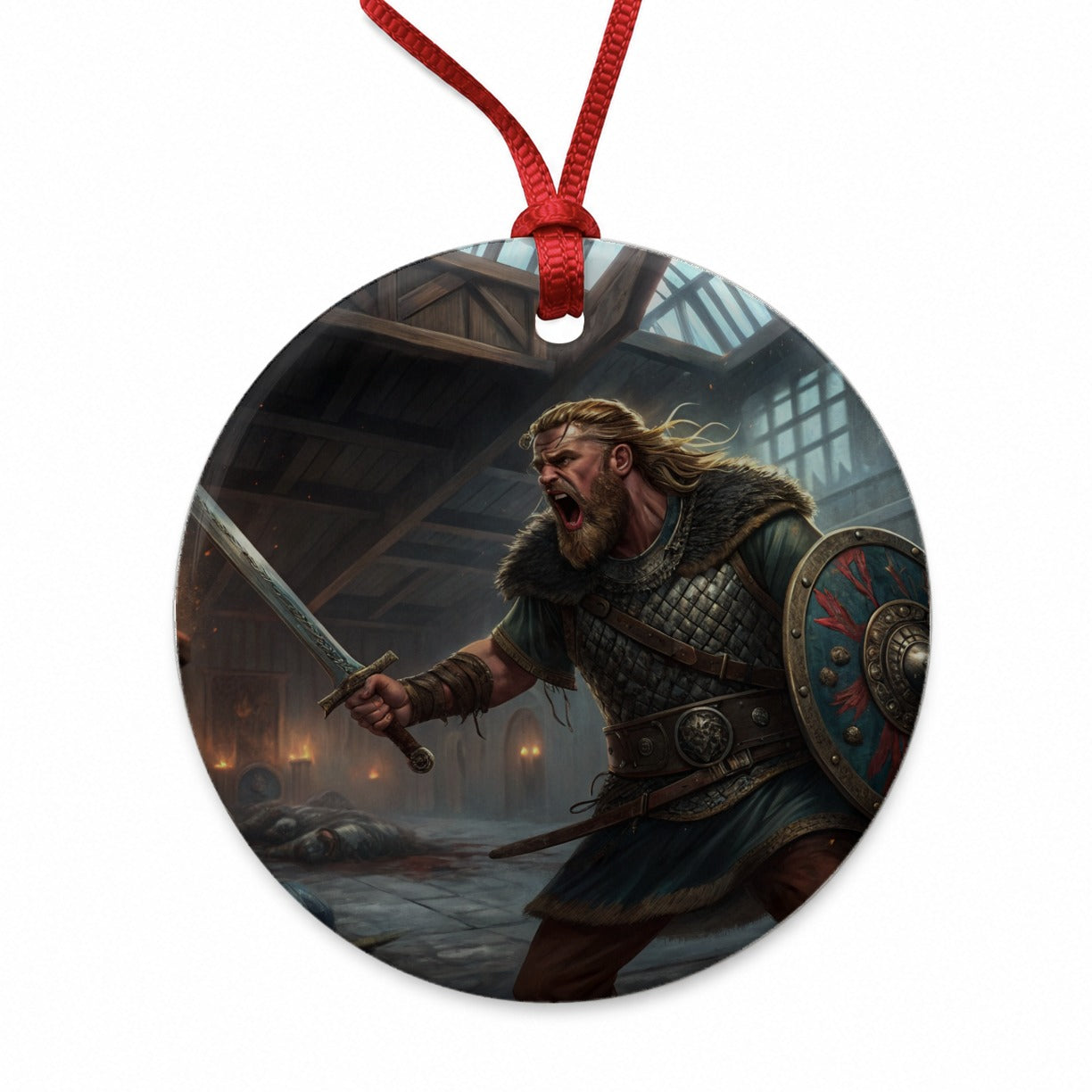 Beowulf Viking Warrior Round Ceramic Holiday Christmas Tree Ornament