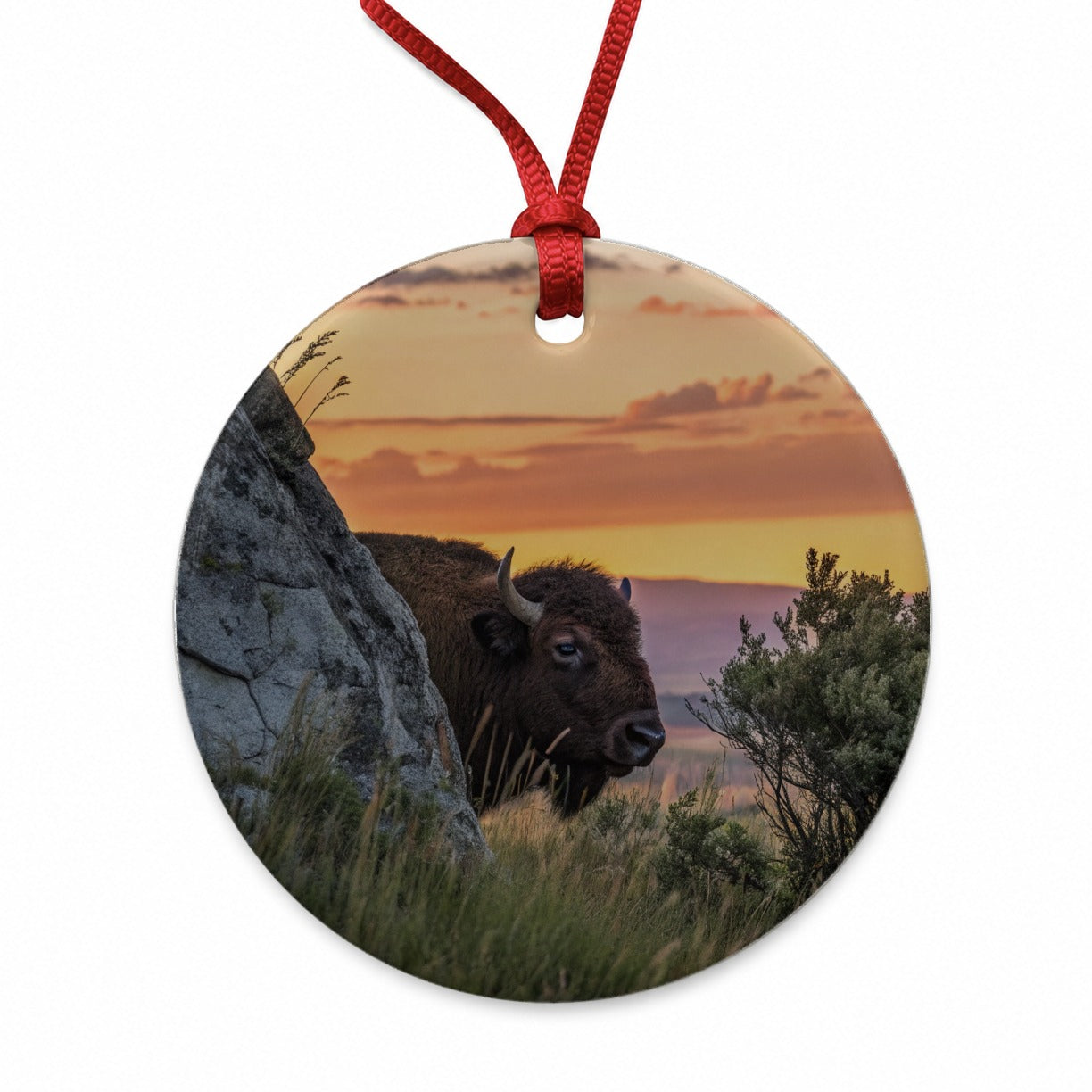 Bison Wildlife At Sunset Round Ceramic Holiday Christmas Tree Ornament