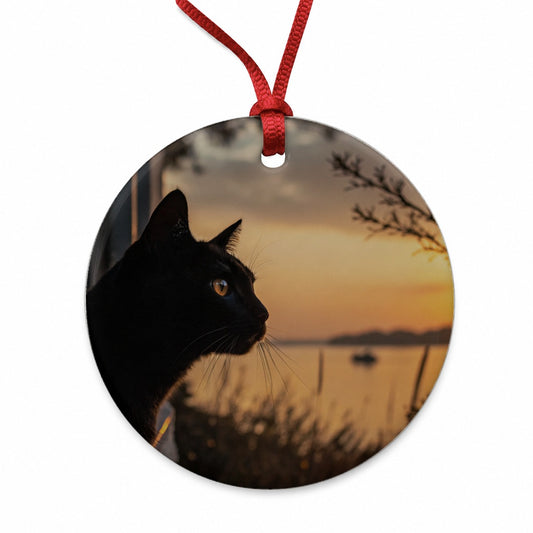 Black Cat Sunset Window Round Ceramic Holiday Christmas Tree Ornament