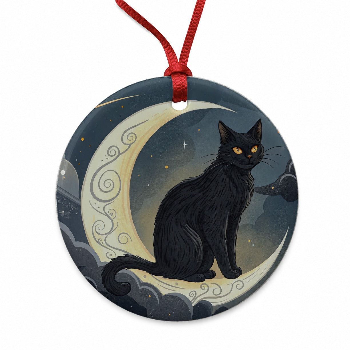 Black Cat Tarot Moon Round Ceramic Holiday Christmas Tree Ornament