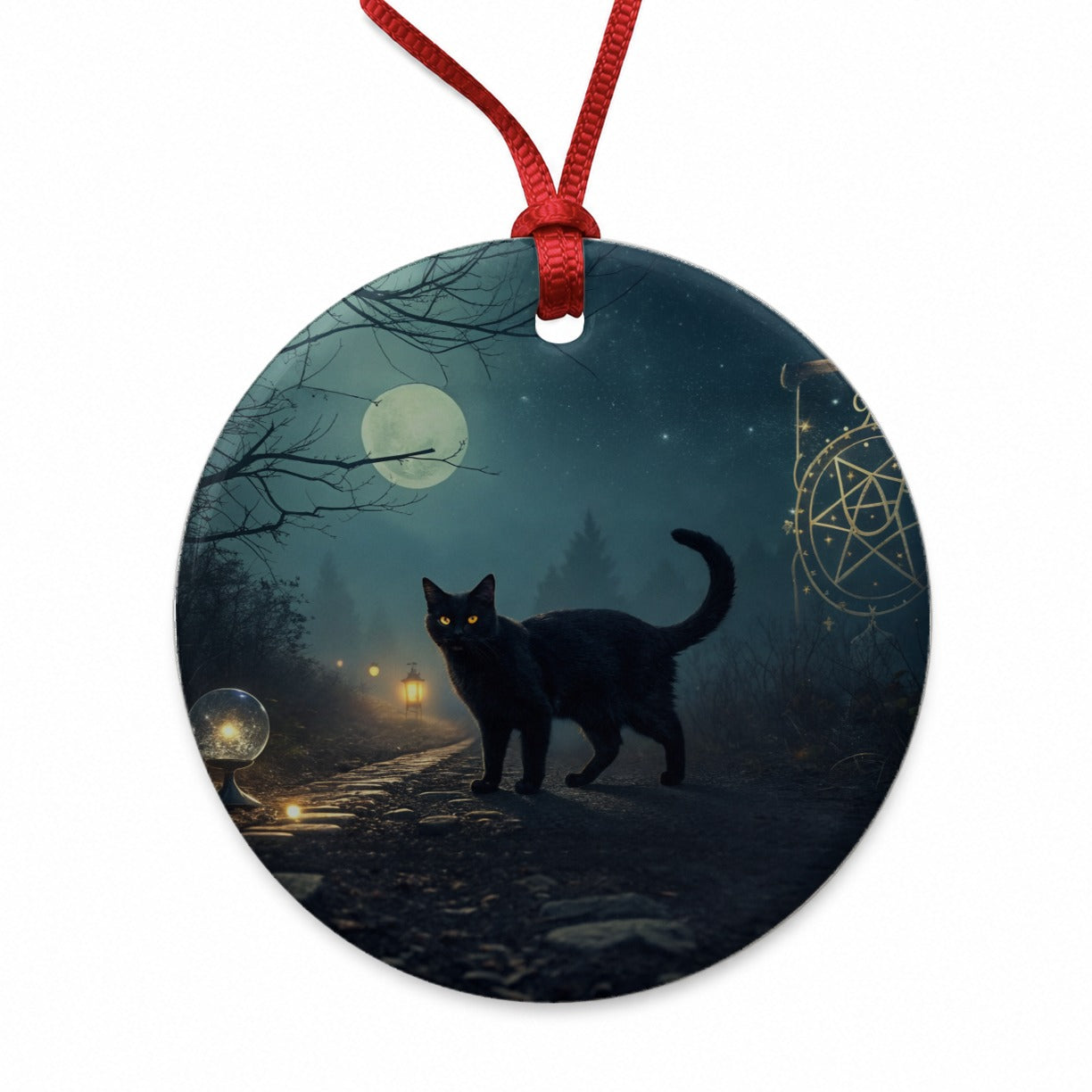 Black Cat Tarot Mystic Round Ceramic Holiday Christmas Tree Ornament