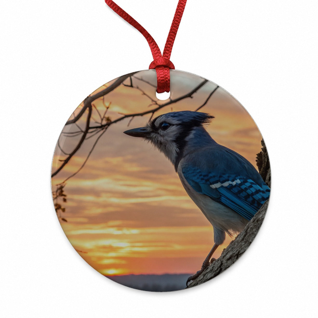 Blue Jay At Sunset Round Ceramic Holiday Christmas Tree Ornament